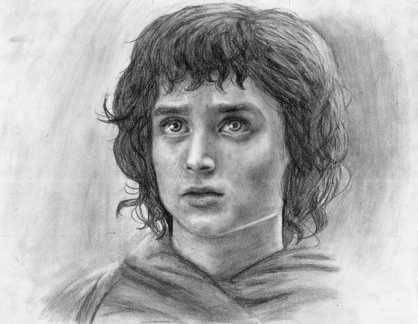 Pencil drawing of a close up of Frodo Baggins' face. The character has curly hair and is looking up with an expression of concern.